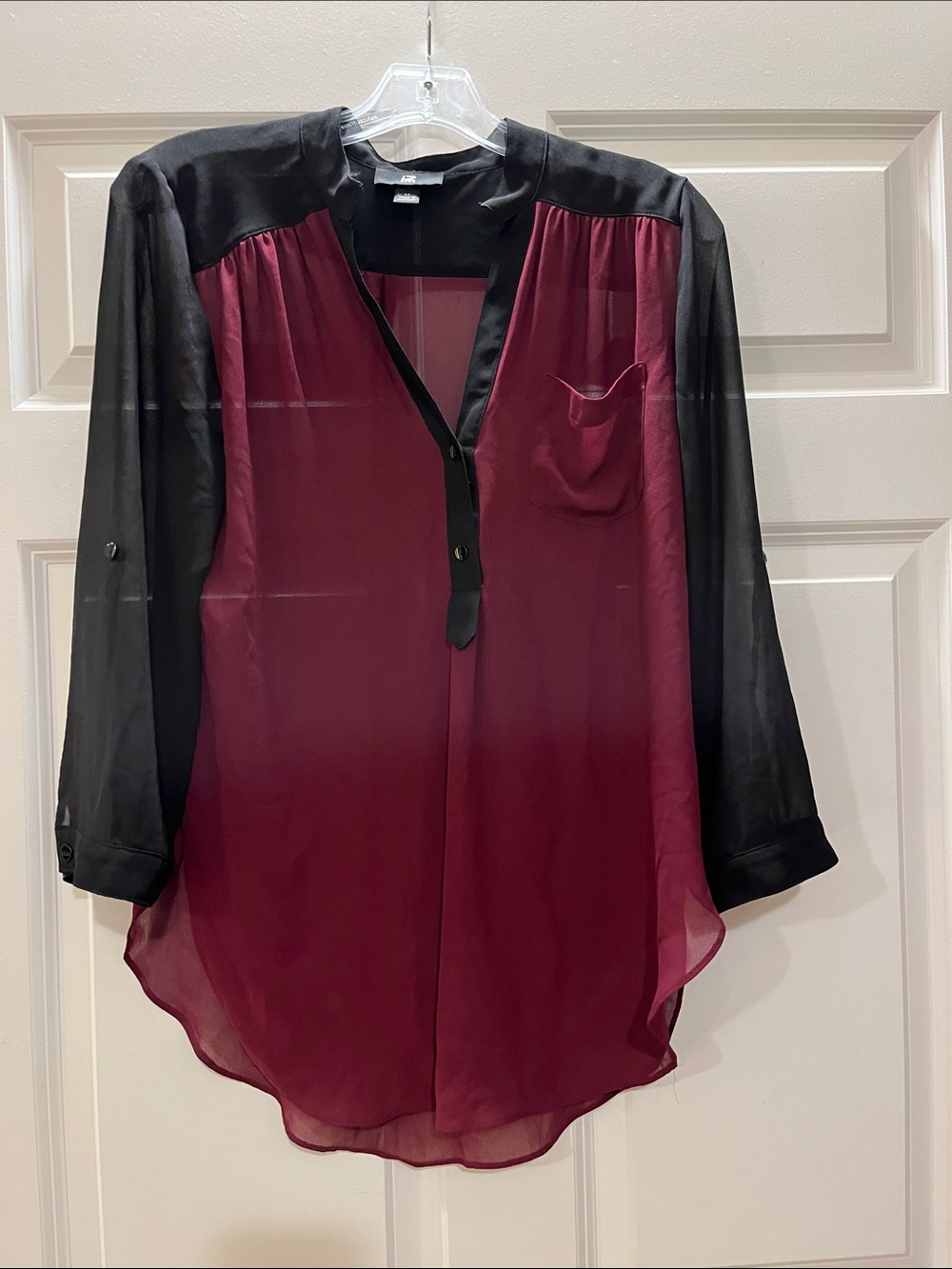 Iz Byer Burgundy Sheer Blouse with Black Contrast